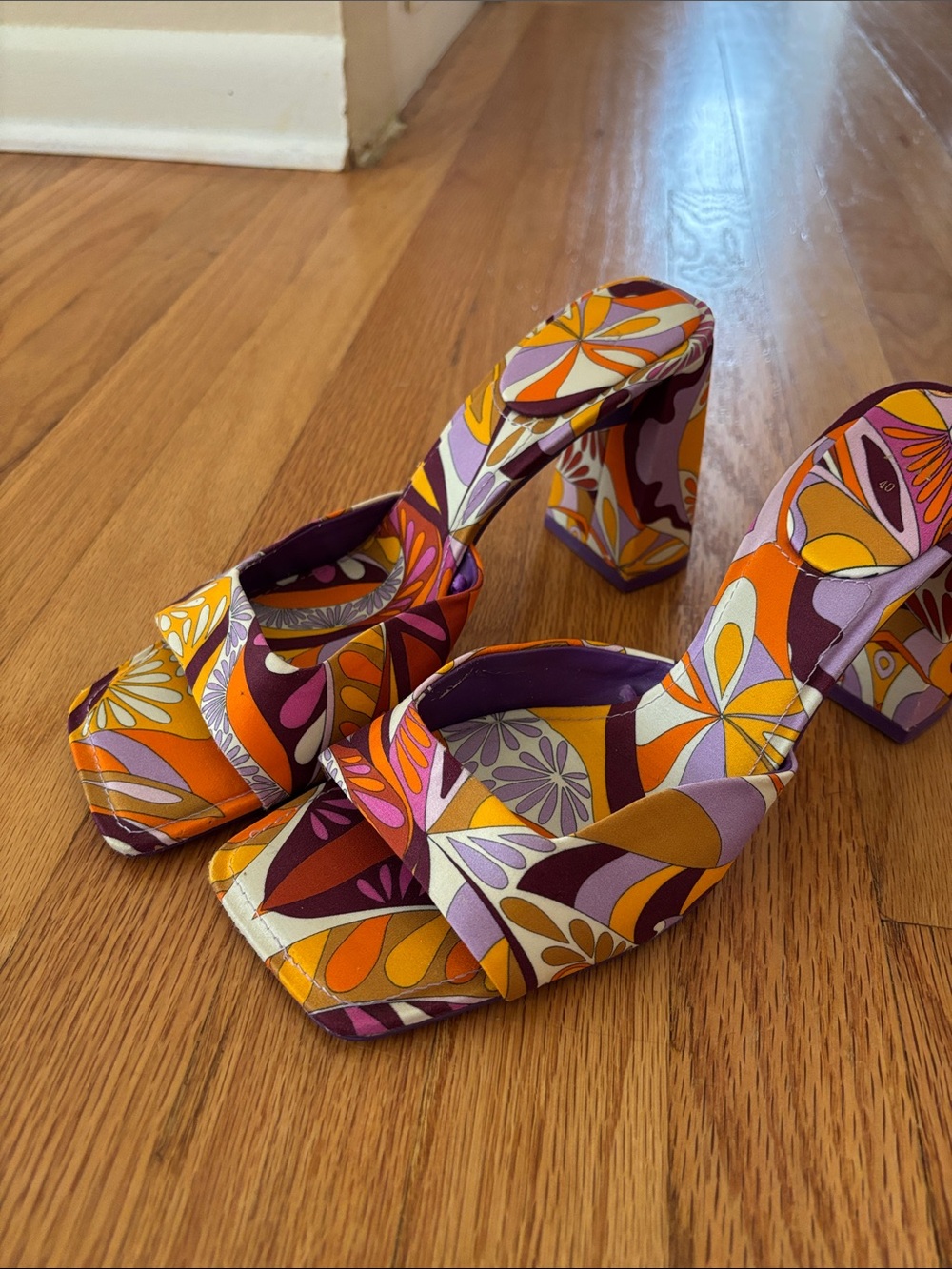 Zara Orange Purple Pink Patterned Block Heel Sandals - Picture 8 of 9